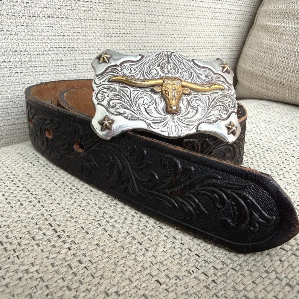 Tony Lama Kids Black Tooled Leather Belt Silver Gold Longhorn Buckle 22